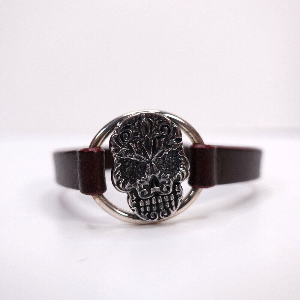King Baby Skull Centerpiece Brown Leather Strap With Hook Clasp USA .925